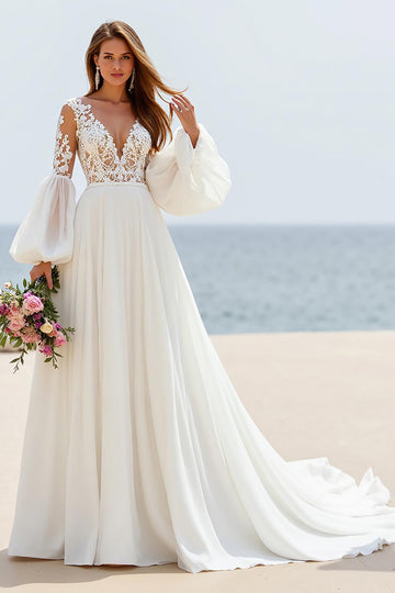 Ivory A Line Chapel Train Chiffon Wedding Dress with Lace Appliques